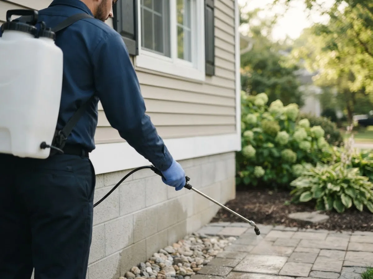 Pest control technician inspecting a home in Glenburn, ME